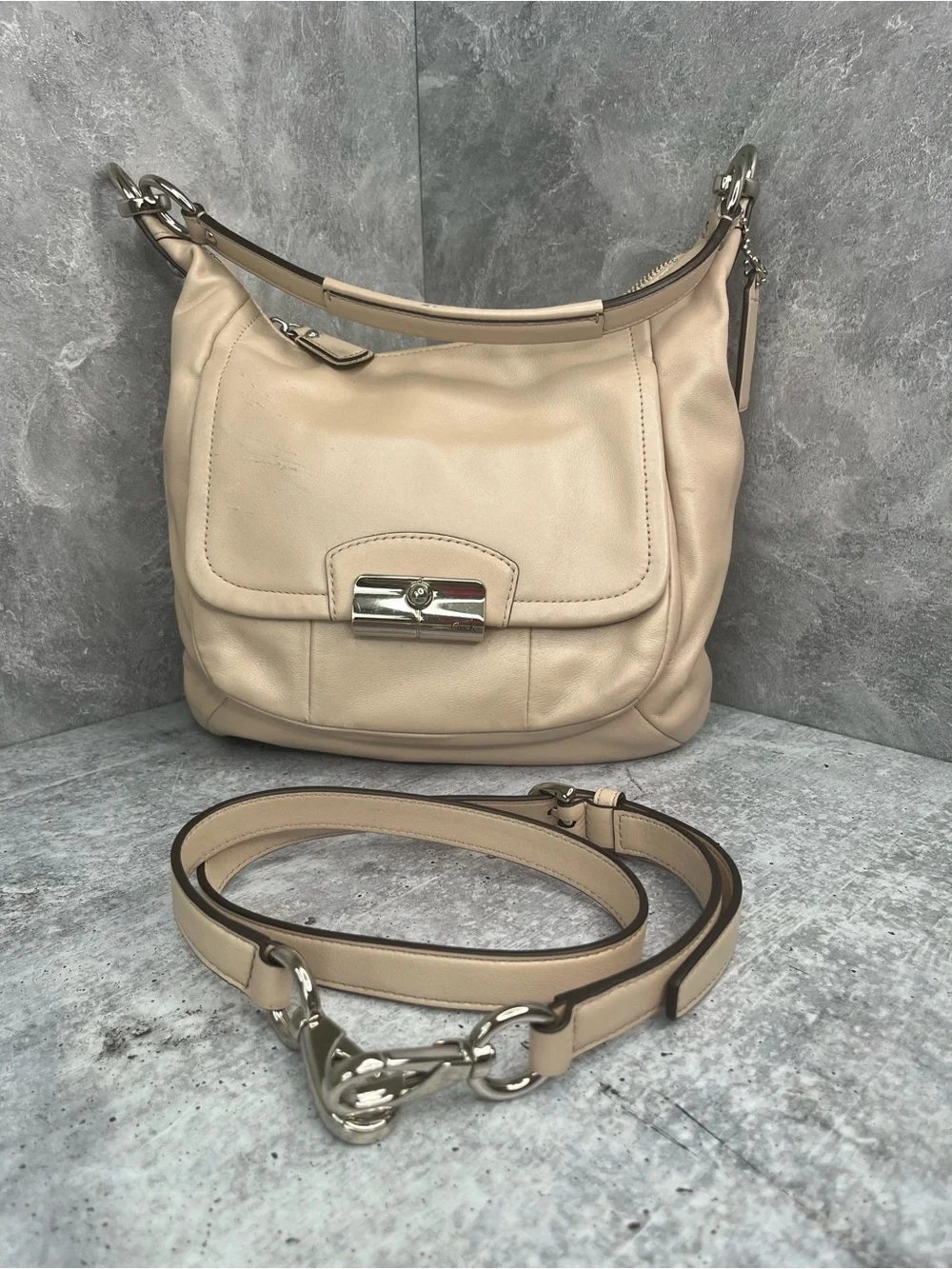 Coach Beige Leather Shoulder Bag with Silver Hardware